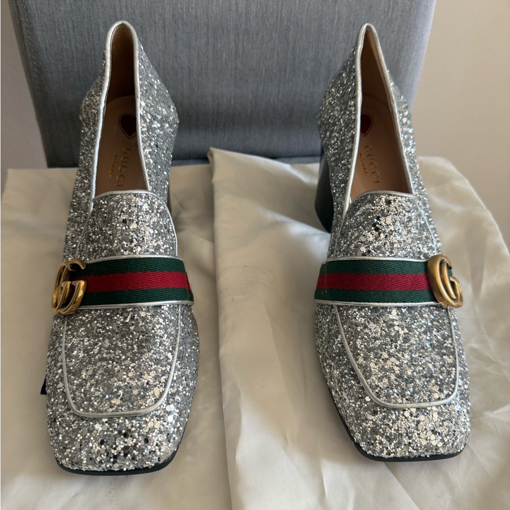 Gucci Silver Glitter Loafers with Green and Red Accents